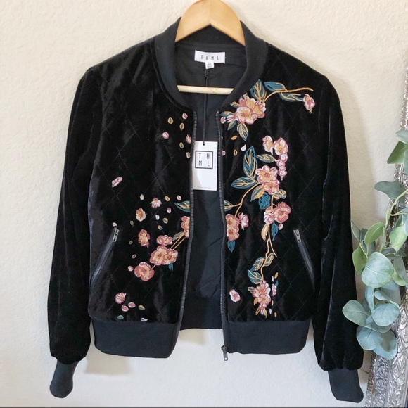THML Jackets & Blazers - THML Embroidered Floral Velvet Quilted Bomber XS